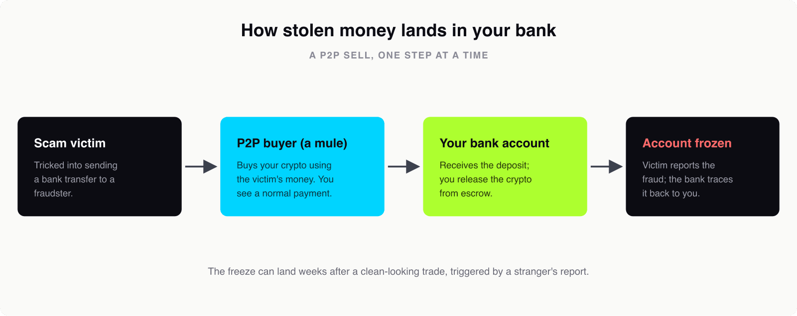A four-step flow showing how stolen money reaches your bank in a peer-to-peer crypto sale. Step one, a scam victim is tricked into sending a bank transfer. Step two, a P2P buyer acting as a money mule buys your crypto with the victim's money. Step three, your bank account receives the deposit and you release the crypto. Step four, the victim reports the fraud and the bank traces it to your account, which is then frozen.