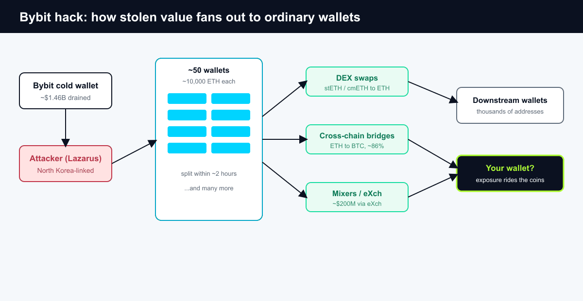 A flow diagram showing the Bybit cold wallet feeding the attacker address, which splits into 50 wallets of about 10,000 ETH each, then fans out through decentralized exchanges, cross-chain bridges, and mixers into many downstream wallets, one of which may be your wallet.