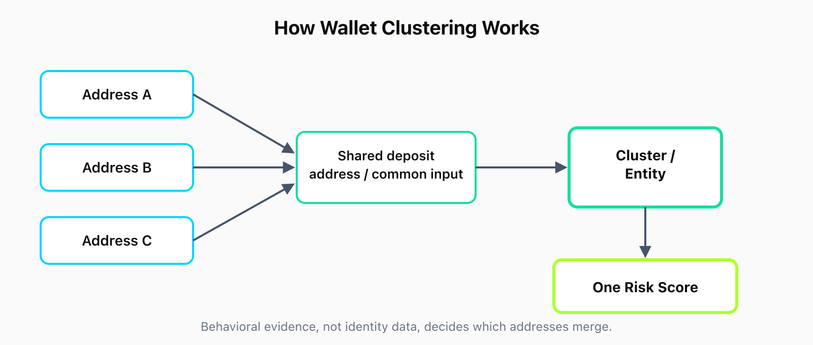 Flow diagram showing Address A, Address B, and Address C each feeding into a shared deposit address or common transaction input signal, which merges them into one Cluster/Entity node that produces a single risk score.