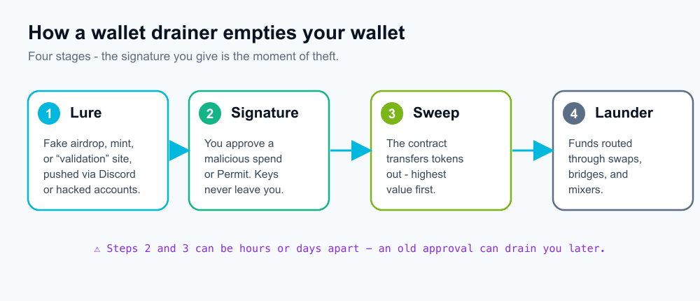 A four-step flow diagram showing how a wallet drainer works: a fake site or airdrop lure, the victim connecting and approving a malicious transaction, the drainer contract sweeping the tokens, and the stolen funds being laundered through mixers and bridges.