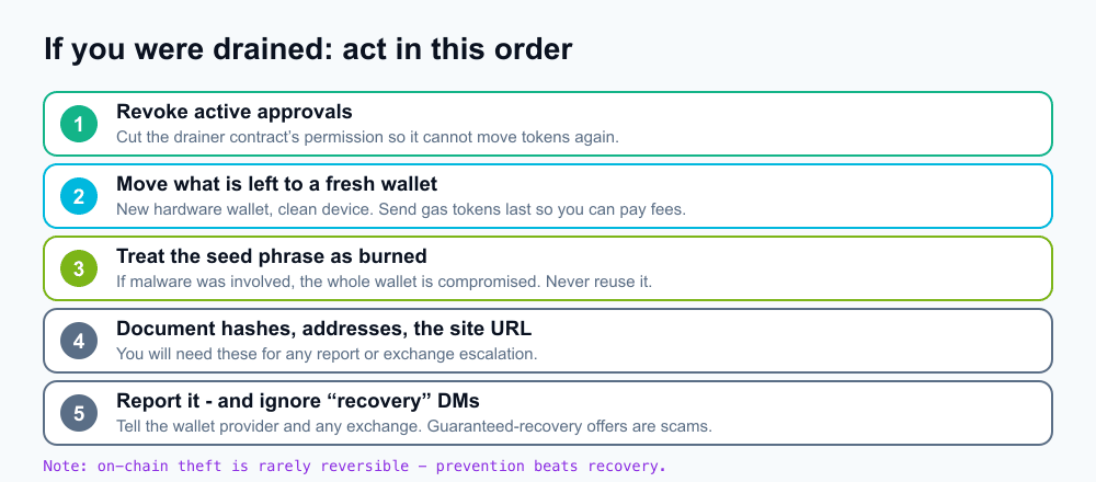 A checklist panel of the response steps after a wallet drain: revoke active token approvals, move remaining assets to a fresh wallet, treat the seed phrase as compromised, document the transaction hashes, and report to the platform - with a note that funds are rarely recoverable.